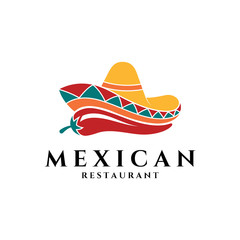 Mexican Sombrero Hat with Chili for Restaurant Business Logo.Flat Style.Spicy Food Symbol.Modern Design