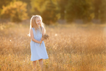 Fototapeta na wymiar A little blonde girl is standing in a wheat field in summer with spikelets in her hands.