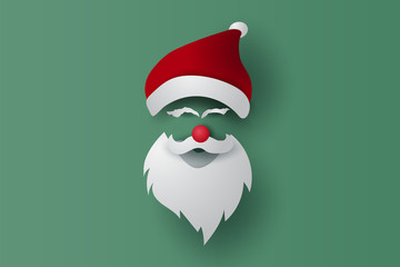 Merry Christmas and Happy New Year mask on isolate Background. Santa Claus hipster beard and hat with card.Vintage banner minimal poster design for xmas. Creative paper cut and craft style.vector.