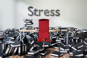 office workspace with large chaotic pile of document ring binders and paperwork, stress conceptual 3D Illustration