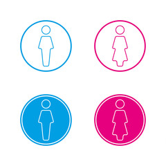 Blue and pink round wc symbols, man and woman icon, restroom illustration isolated on a white background