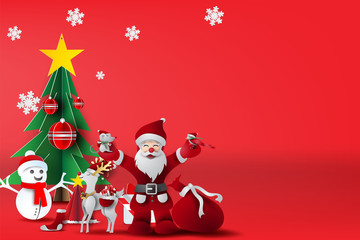 Red Merry Christmas Background with scene place your text.Xmas day and happy new year with winter season landscape by snowflakes.Creative paper cut and craft for Greeting Card.vector illustration.