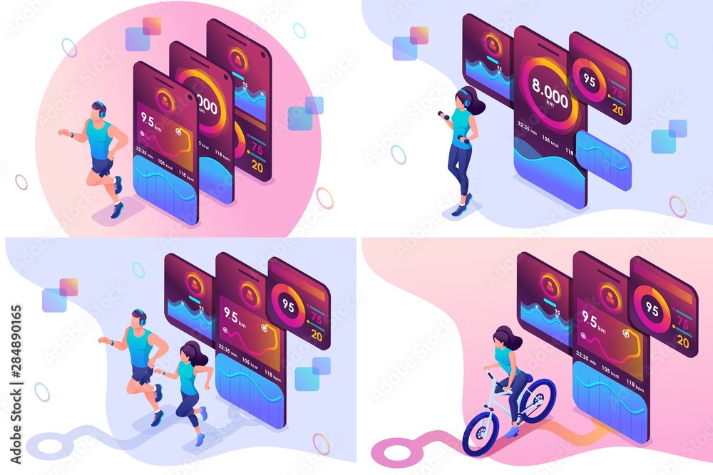 Canvas Prints set isometric workout concepts girls and men uses a mobile app to track your workouts. for website a