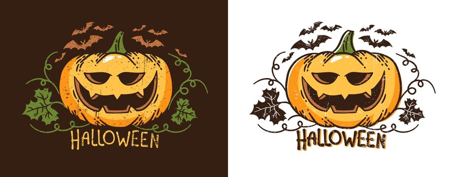 Halloween pumpkin with leaves and bats. Retro typographical vector illustration. Worn texture on a separate layer.