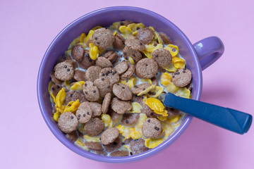 Cereals with milk in ceramic bowl on pink background