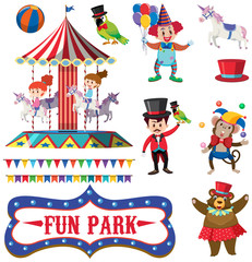 Set of people at fun park on white background