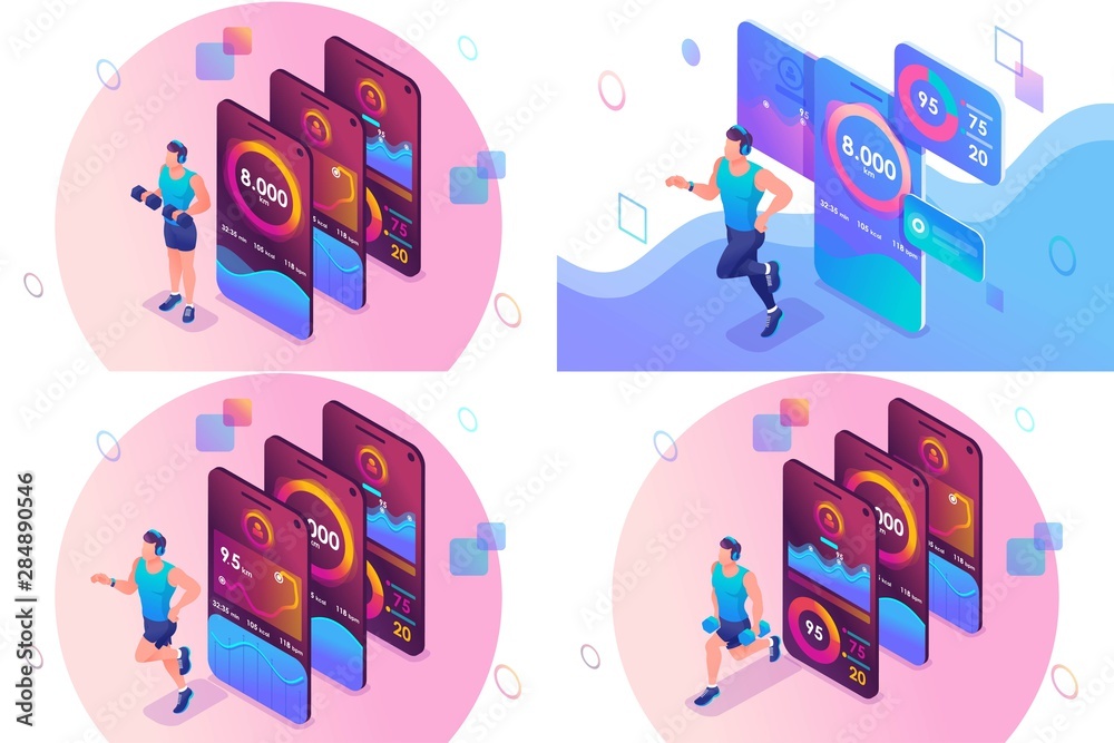 Poster set isometric concept concepts of using a mobile application to track individual athlete training. f