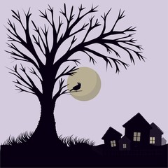 Gloomy painting with a tree in the foreground and houses. A black raven sits on a tree, followed by a large moon.