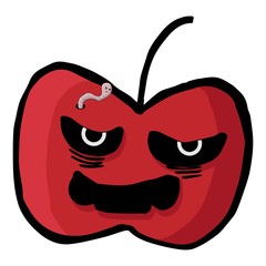 An apple monster with a frustrated facial expression with a disgruntled worm.