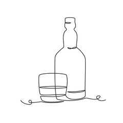 Whiskey bottle and glass one line drawing on white isolated background. Vector illustration