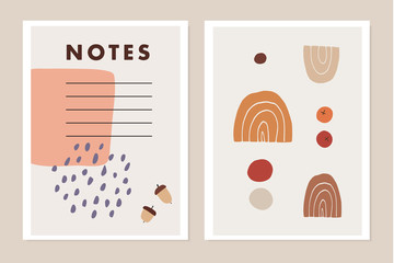 Trendy set of modern journaling cards, invitations. Abstract geometric and rainbow shapes. Minimalist drawings, wall art posters. Vector illustration backgrounds, flat design. Notes card template.