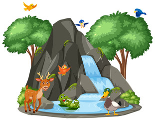 Background scene of animals by the waterfall