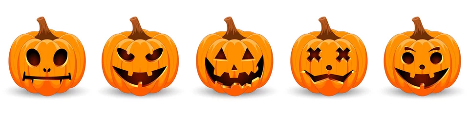 Zelfklevend Fotobehang Set pumpkin on white background. The main symbol of the Happy Halloween holiday. Orange pumpkin with smile for your design for the holiday Halloween. Vector illustration. © angelmaxmixam