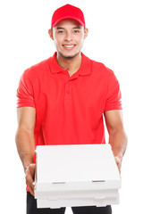 Pizza fast food delivery young latin man boy order delivering deliver isolated on white