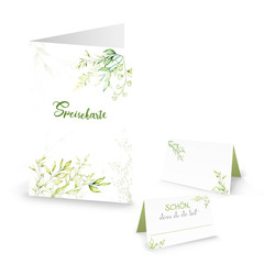 Isolierte Speisenkarte und Menükarte in weiß grün mit Blättern als Tischdekoration
