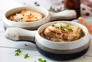 French Onion Soup, Served in Traditional Clay Pots