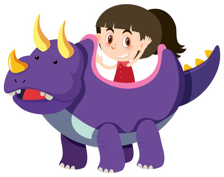Single character of girl riding triceratops on white background