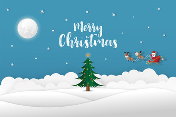 Merry Christmas and Happy New Year.Illustration of Santa Claus on the full moon night in the winter and Christmas tree decorated with glittering lights