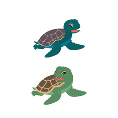 Cute two cartoon turtle. Vector illustration can use for children designs,  poster, sticker,  postcard, clothes, prints.