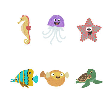 Cute vector set about sea life:  fish, seahorse,  star,  jellyfish, turtle. Vector illustration can use for children designs: icon, sticker, card, invitation, clothes, prints, nursery decor