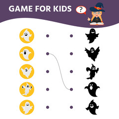 Educational game for children. Find the right shadow. Kids activity with ghost. Halloween theme. Preschool worksheet activity.