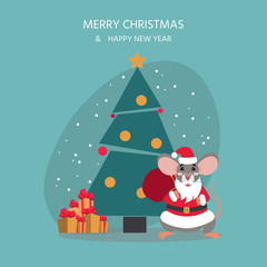 Merry Christmas greeting card with cute rat with present and tree. New Year. Cartoon style of icons for presents, invitation