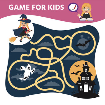 Educational game for children. Find the right path.  Kids activity with ghost. Halloween theme. Preschool worksheet activity.