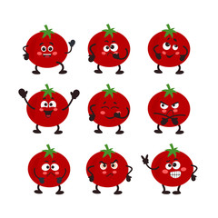 Vector Set of tomato character. Different emotions..  Vector illustration for your design, nursery decor, prints, childish background, T-shirt. Humanized funny pencils smiling, winking, giving okay