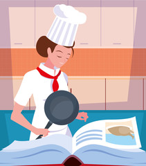 professional chef female cooking with recipe book