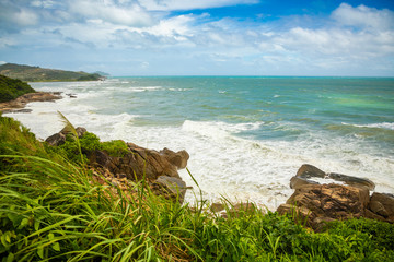 Aerial view of Shimei Bay Beach after typhoon, Hainan, China
