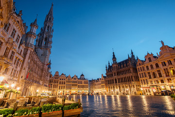 Central square near town hall in old town city of Brussels, Belgium at night