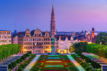 City of Brussels skyline in sunrise morning. Cityscape view from Kunstberg, Mont des Arts to city hall and central old town. Belgium, Europe