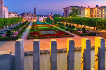 City of Brussels skyline in sunrise morning. Cityscape view from Kunstberg, Mont des Arts to city hall and central old town. Belgium, Europe