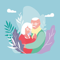 cute old couple hugged with leafs decoration