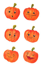 watercolor illustration of set orange pumpkins