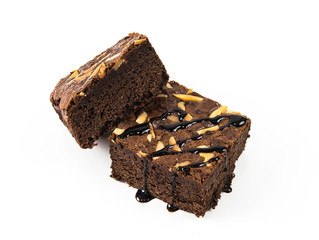 Chocolate Brownie cake on white background.
