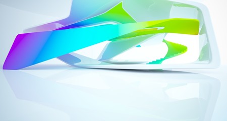 Abstract smooth architectural white interior with color gradient of a minimalist house with large windows. 3D illustration and rendering.