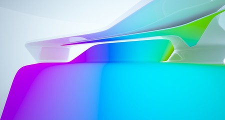 Abstract smooth architectural white interior with color gradient of a minimalist house with large windows. 3D illustration and rendering.