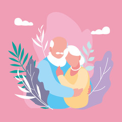 cute old couple hugged with leafs decoration