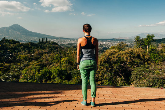 girl is looking at view of volcano of san salvador. El Salvador