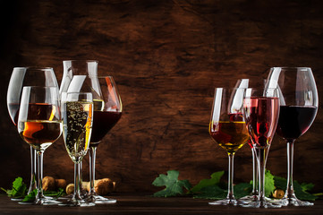 Wine tasting, still and sparkling wines. Red, white wine, rose and champagne шт assortment in...