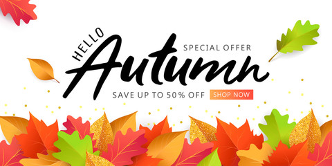 Hello Autumn Sale background, banner, poster or flyer design. Vector illustration with bright beautiful leaves border and lettering word Autumn. Template for advertising, web, social and fashion ads.