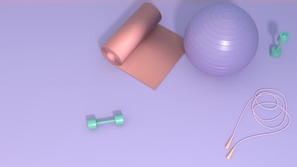 Fitness equipment - ball, dumbbells, jump rope, rug on bright room, studio, training hall. Care of health, body care and figure. Intensive training, pilates, yoga, 3D, render, illustration.