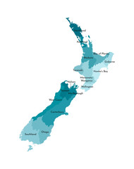 Vector isolated illustration of simplified administrative map of New Zealand. Borders and names of the regions. Colorful blue khaki silhouettes