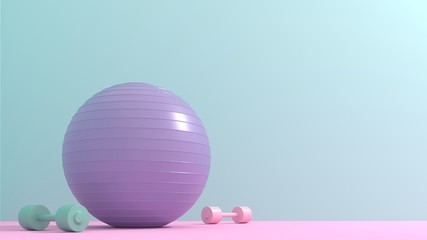 Fitness equipment - ball, dumbbells, jump rope, rug on bright room, studio, training hall. Care of health, body care and figure. Intensive training, pilates, yoga, 3D, render, illustration.