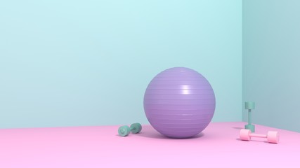 Fitness equipment - ball, dumbbells, jump rope, rug on bright room, studio, training hall. Care of health, body care and figure. Intensive training, pilates, yoga, 3D, render, illustration.