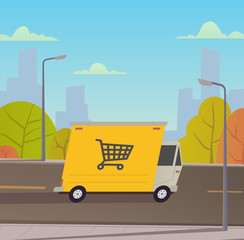 Delivery truck with city landscape.