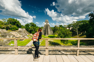TIKAL, GUATEMALA AUGUST tourist is looking at located in El Peten department, Tikal National Park.