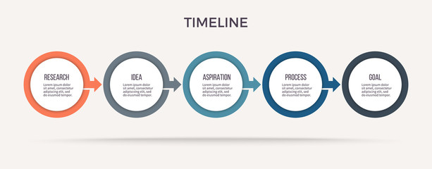 Business infographics. Timeline with 5 steps, options, circles. Vector template.