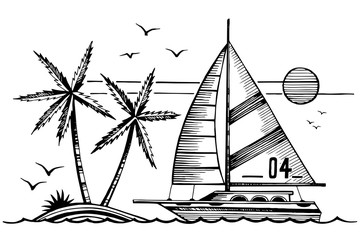 Sailing yacht and island in the sea sketch